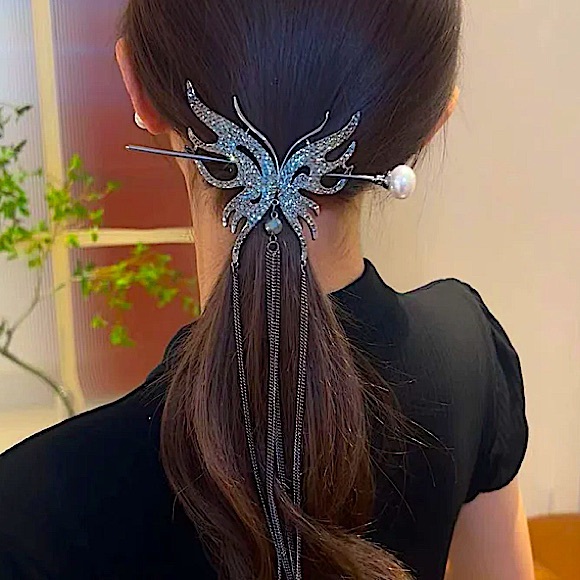 Rhinestone Gunmetal Butterfly Hair Stick Chopsticks Hair Accessory - Picture 3 of 6